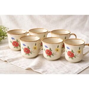 Vintage Country Flower Seyei Stoneware Mugs 6-PCS Japan Floral Cups Cottagecore